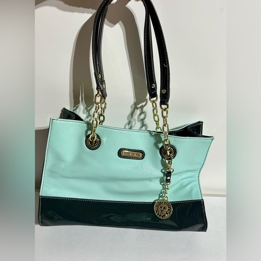 Anne Klein Teal Black Patent Leather Gold Chain Top Handle Shoulder Bag Purse